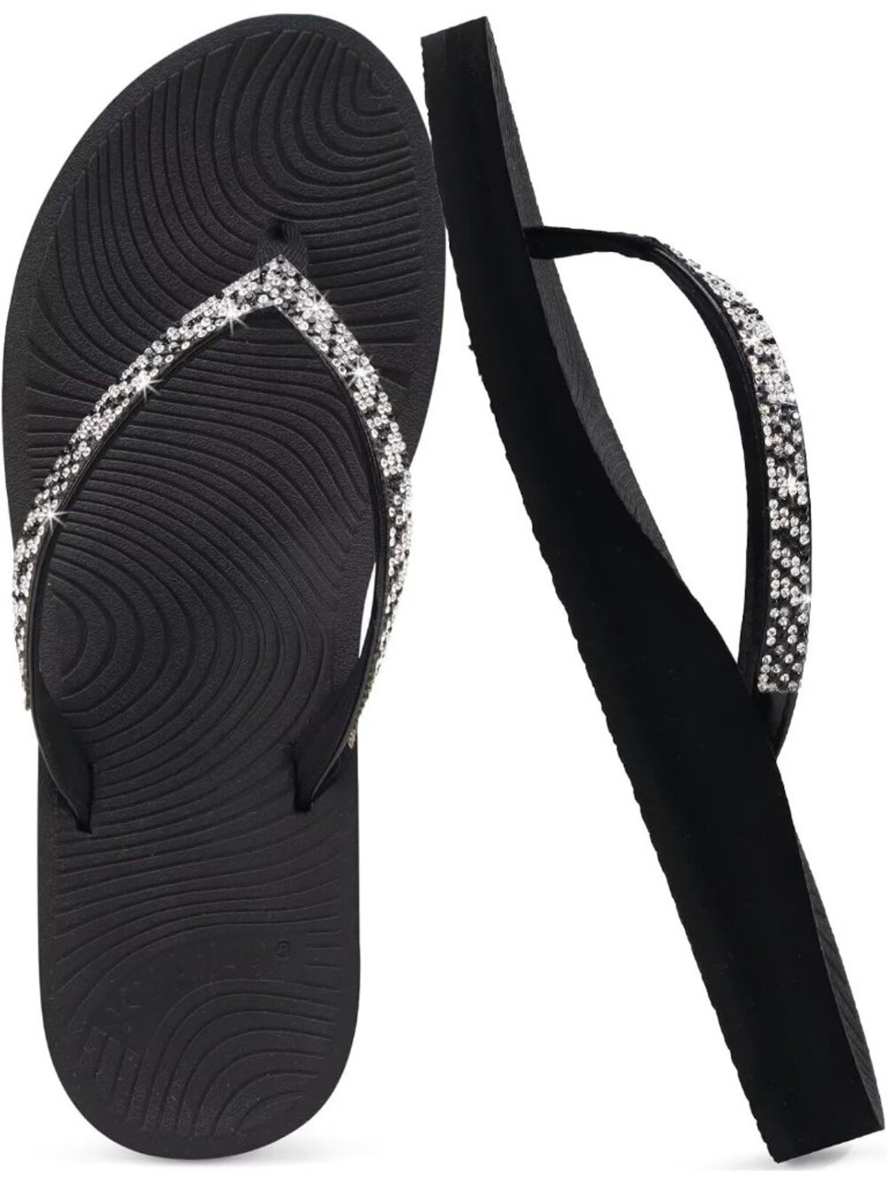 Women's Black Rhinestone Flip Flops Arch Support Yoga Mat Cushion Sandals